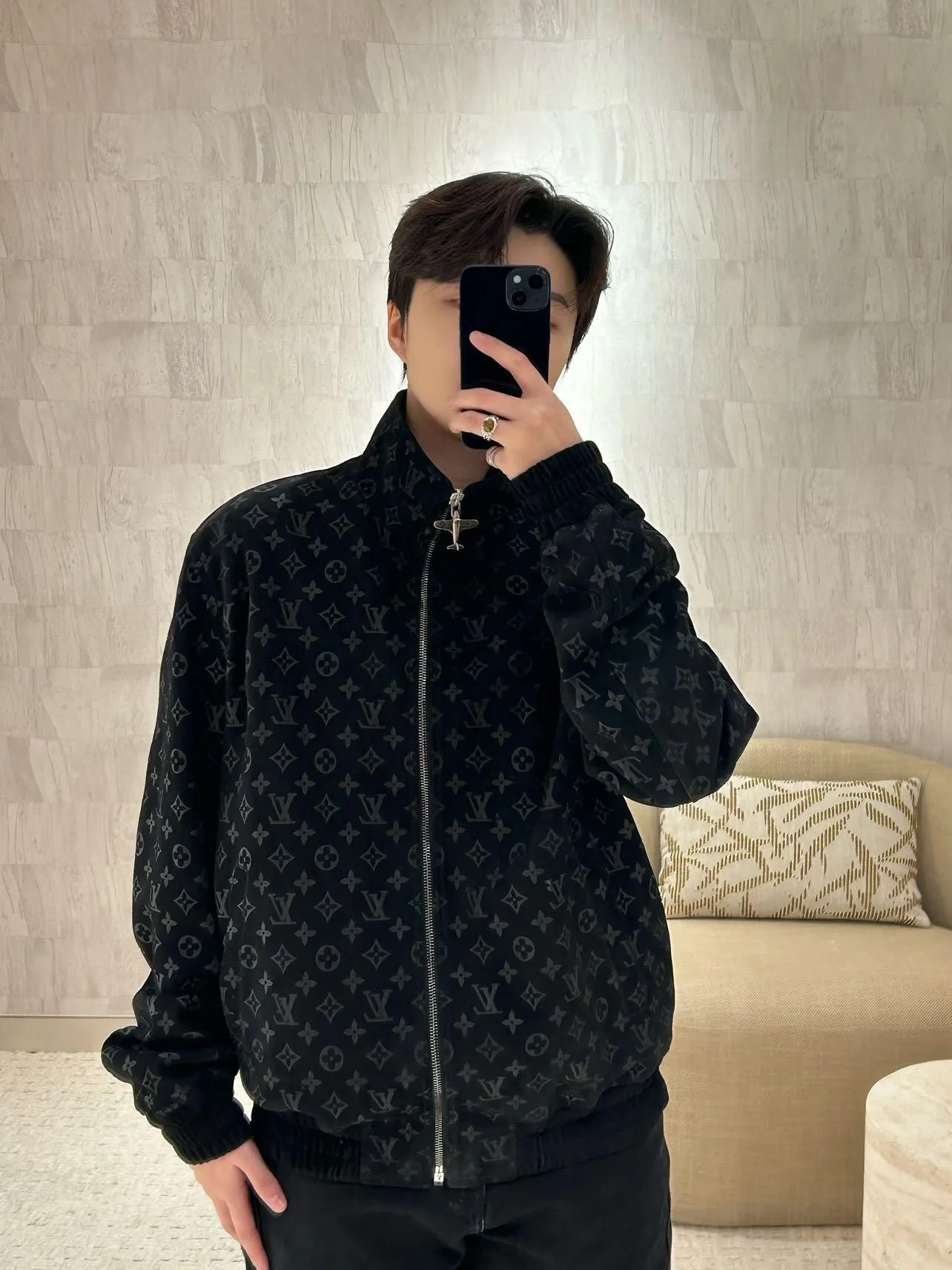 Louis Vuitton/Louis Vuitton aircraft button all-over printed embossed suede stand-collar jacket